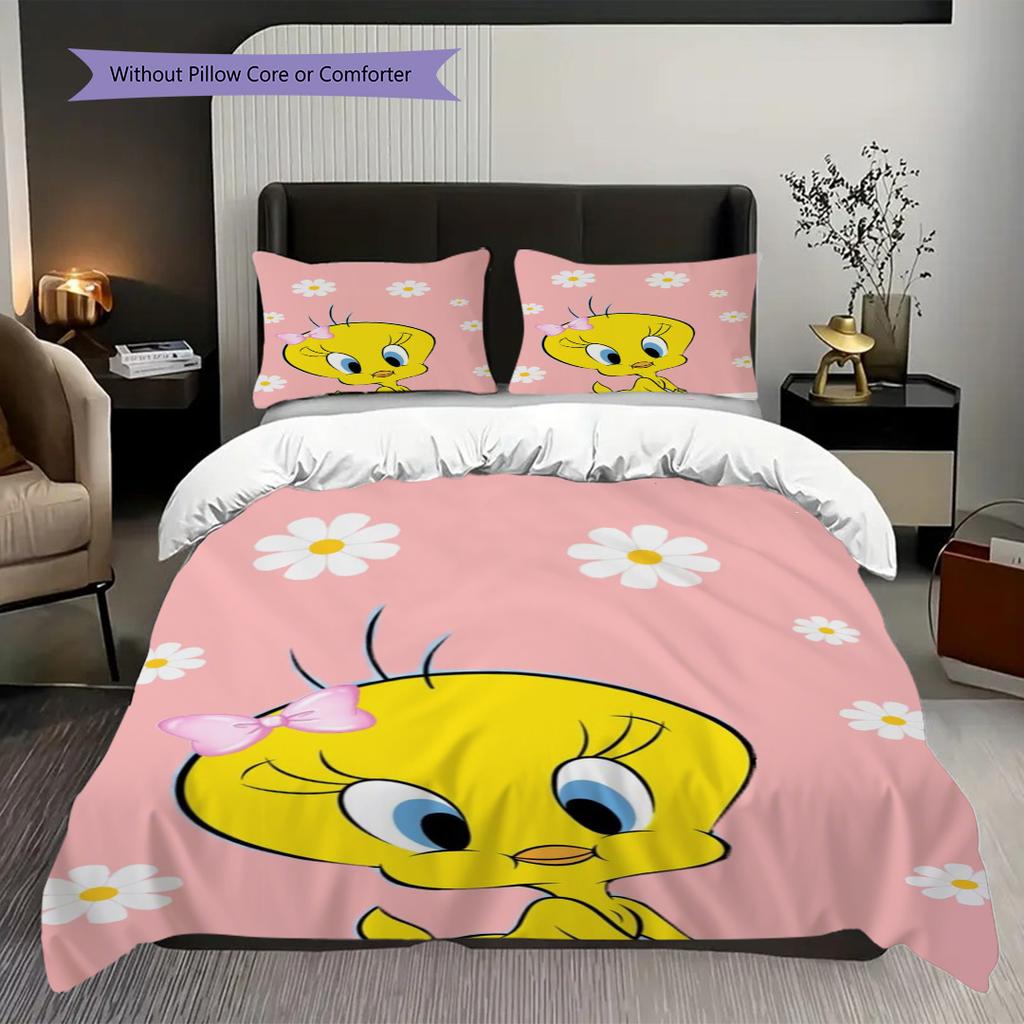 Tweety Bird Pink Bow Pink Background Threepiece Set 1 Duvet Cover 2 Pillowcase Without Core Bedding Set Duvet Cover And Pillowcase