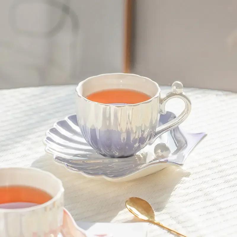 Pearl Shell Coffee Cup European Creative Gradient Coffee Cup and Saucer Plate Ceramic Mug Gift Afternoon Tea Set Drinking Mugs