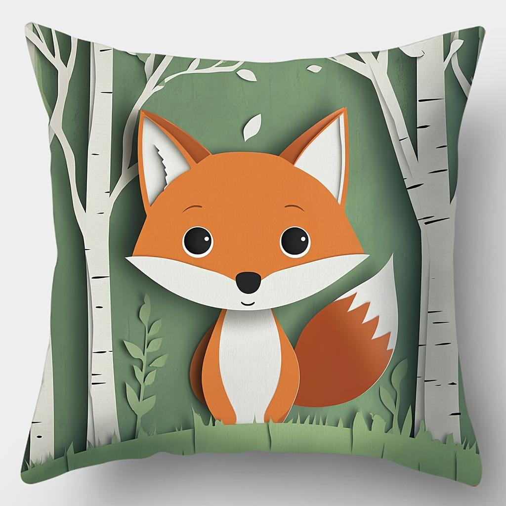 4-piece printed pillowcase set. Cartoon forest animal pattern, suitable for room decoration, living room and sofa decoration