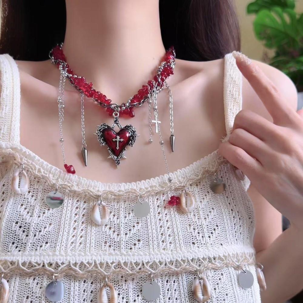 Gravel Bead Love Double Layer Choker Korean Y2K Style Metal Clavicle Chain  Cosplay