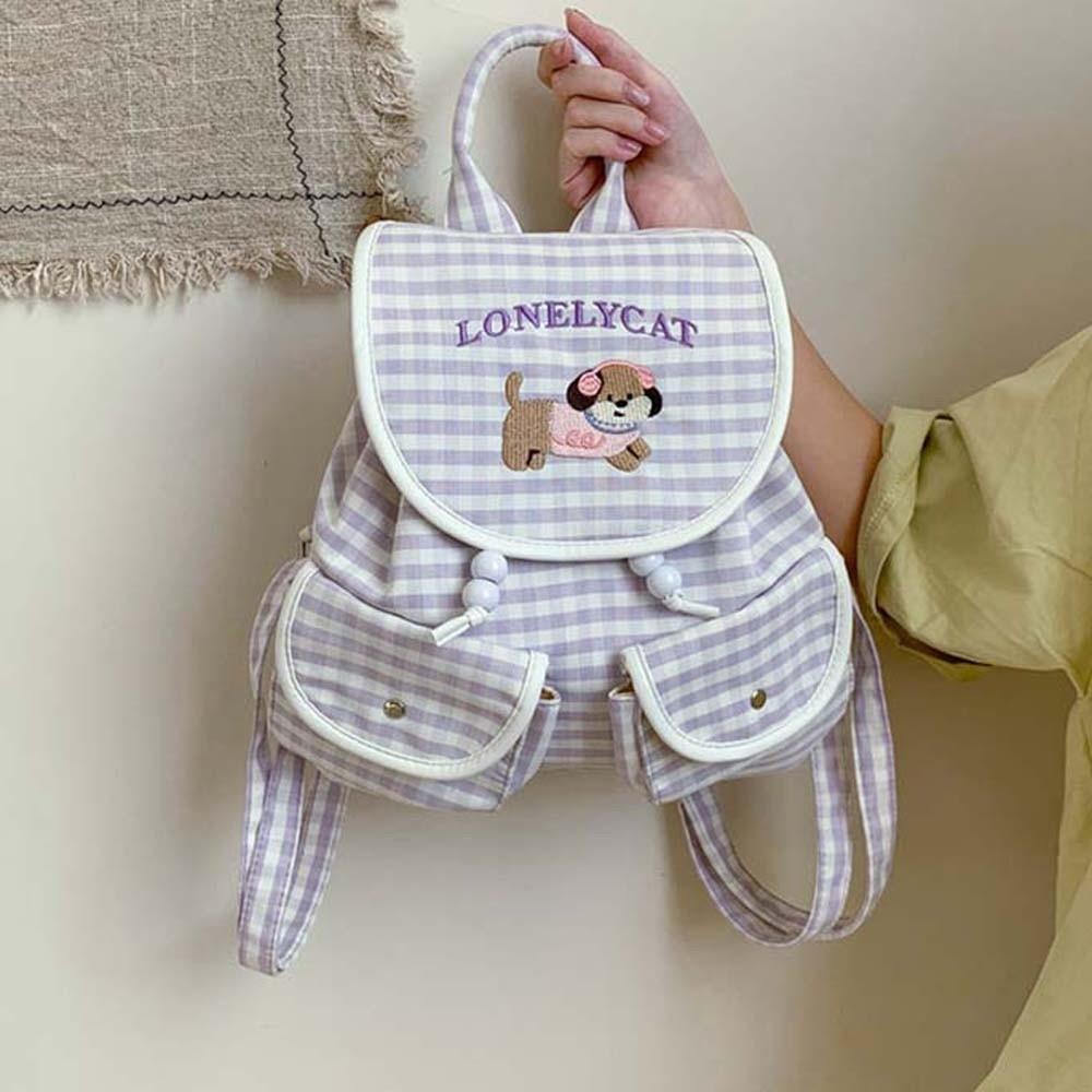 Sweet Women Daily School Bag Large Capacity Embroidery Puppy Plaid Daypack Girls
