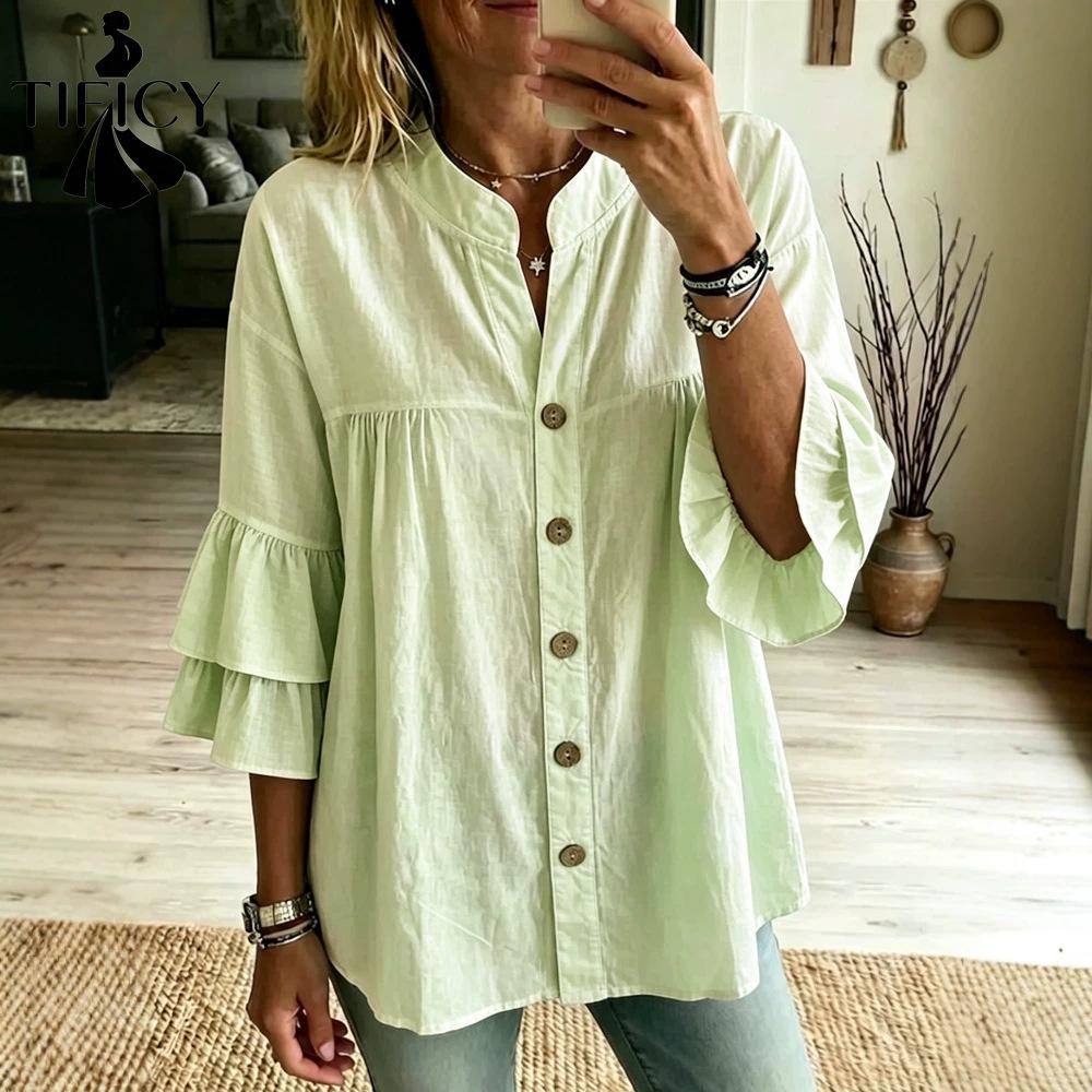 TIFICY Camicette e camicie con scollo a O, maniche a 3/4, stampa tinta unita, moda casual, primavera estate