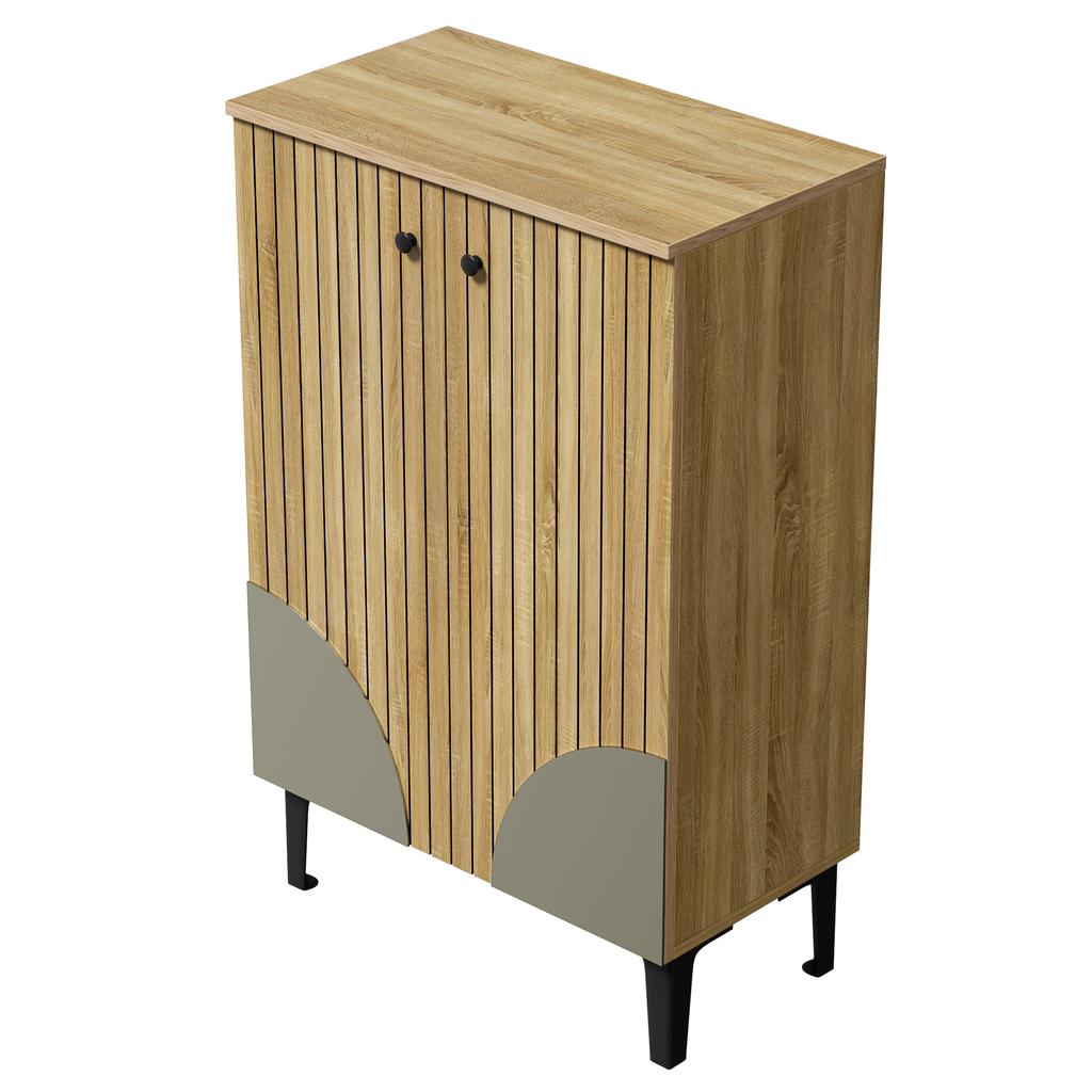 Modern Wooden Shoe Cabinet with Doors – Space-Saving Shoe Organizer with Shelf Compartments, Storage & Black PVC Frame, Elegant Design for Hallway