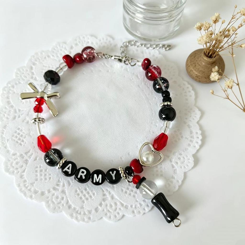 BTS Fan Merch ARMY Letter Beaded Bracelet, Black Red Star Cross Charm Wristband, Sweet Cool Concert Friendship Jewelry Gift