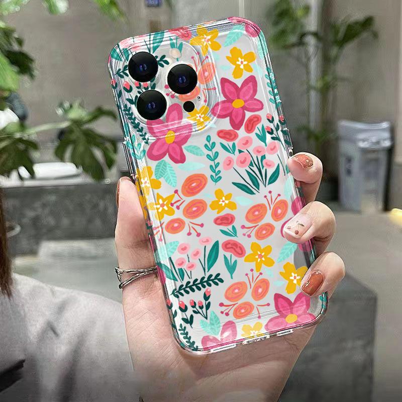Pink Flower & Leaf Design Phone Case For iPhone 17 16 Pro Max 15 Pro 14 Plus 13 12 11 X XS XR 7 8 Plus 16E 17Air TPU Clear Cover