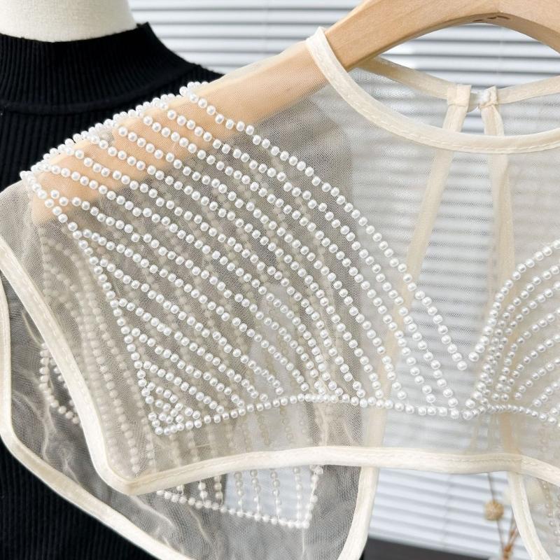 Japanese Women Girl Fake Collar Shawl Scarf Faux Pearls Beading Vintage Shoulder Wrap Sheer Organza Half Shirt Poncho