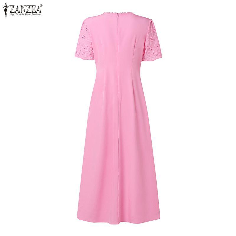 ZANZEA Women Elegant Crochet Patchwork Casual V-neck Short Sleeve Dress