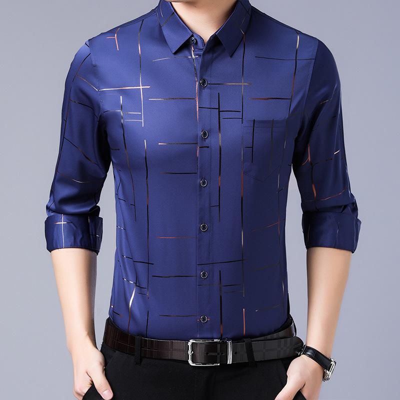 Chemise d'affaires à rayures pour homme, col rabattu, boutonnage simple