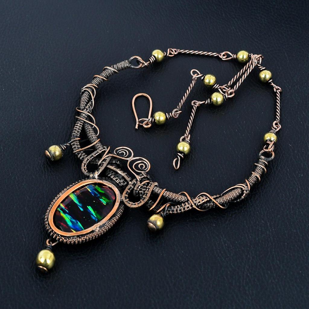 Ammolite Necklace Gemstone Jewelry, 999 Copper Wire Wrapped Necklace, Adjustable Handmade Chain Necklace Gift For Wife Jewelry