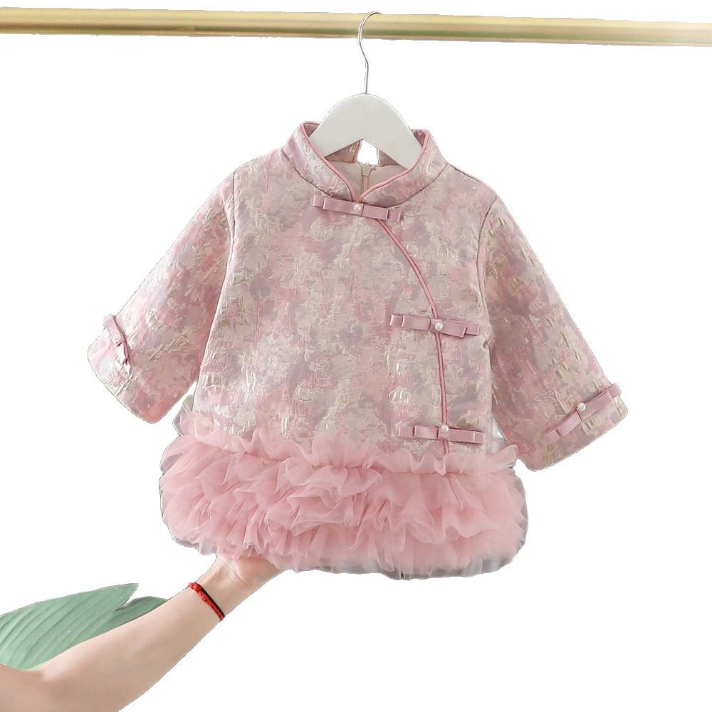Winter Floral Patchwork Mesh Dress for Girls: Retro Chinese Style