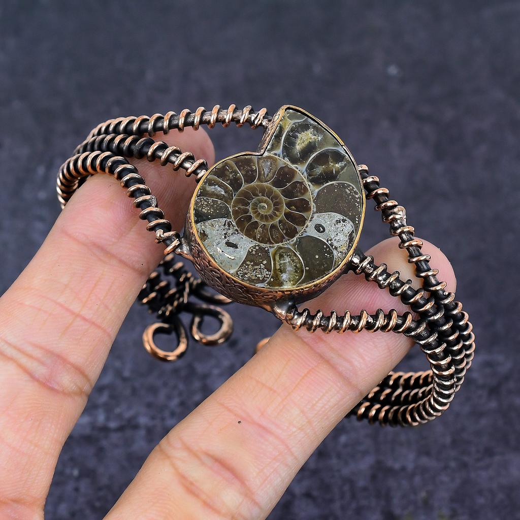 Ammonite Fossil Gemstone Copper Wire Wrap Cuff Bangle Adjustable