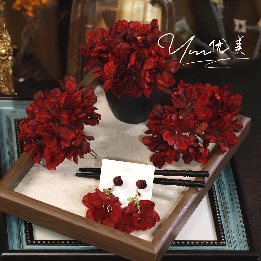 Retro Wine Red Fabric Flower Bridal Hairpin - Classical Chinese Style Headpiece