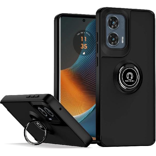QUIETIP Case Compatible with Motorola Edge 50 Fusion,TPU + Hard PC Shockproof Magnetic Ring Car Mount Stand Cover,Black