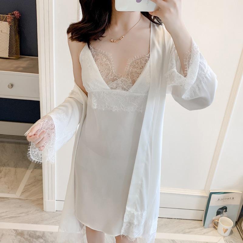 Sexy pajamas women's summer thin Ice Ribbon chest pad lace suspender nightgown nightgown can be worn outside two-piece loungewear