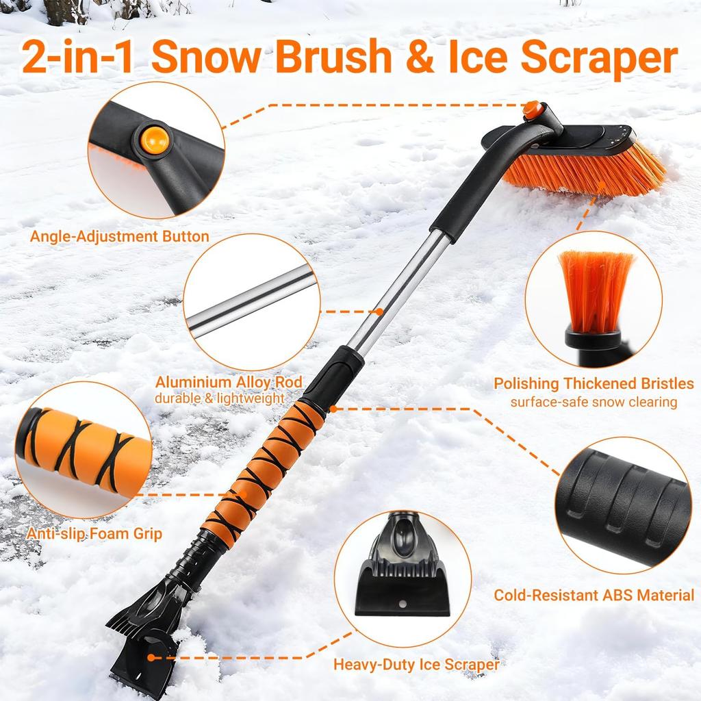 33" Extendable Snow Brush And Ice Scraper For Car Windshield, 2-In-1 Car Snow Brush & Ice Scraper With 360° Pivoting Brush Head And Comfortable Foam