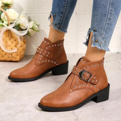 Fashion Winter Boots Shoes Autumn Rivets Boots-Women Luxury Designer Round Toe 2025 Large Size Leather Med Fashion Pointy Mi