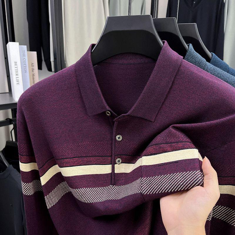 Men Striped Lapel Collar Long Sleeve Polo Shirt