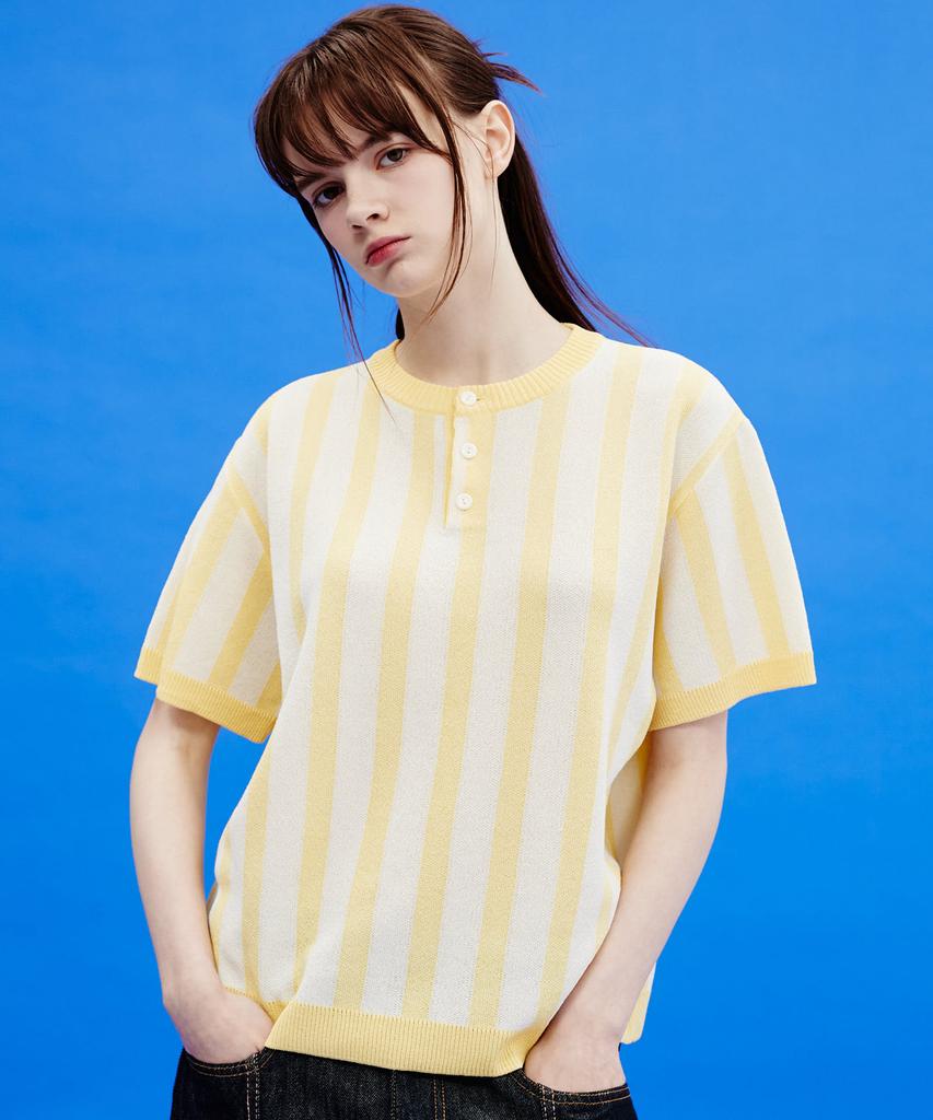 WAIKEI Striped Henley Neck Short Sleeve Knit Light Yellow