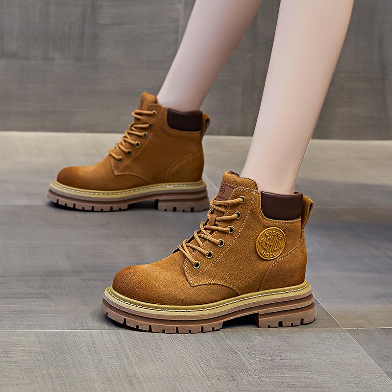 Herbst Martin Stiefel Damen Britischer Stil Retro Leder Große Gelbe Stiefel Runde Spitze Lässige Kurze Stiefel Leder Damenstiefel