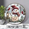 Vintage Snowman Cardinal Wall Plaque 8 Inch Round Aluminum Sign Let It Snow Winter Scene Lantern Holiday Christmas Decor