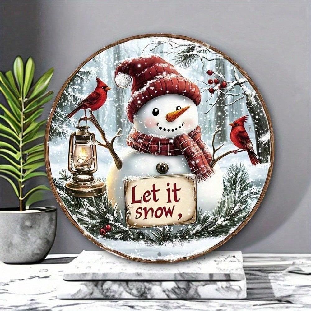 Vintage Snowman Cardinal Wall Plaque 8 Inch Round Aluminum Sign Let It Snow Winter Scene Lantern Holiday Christmas Decor