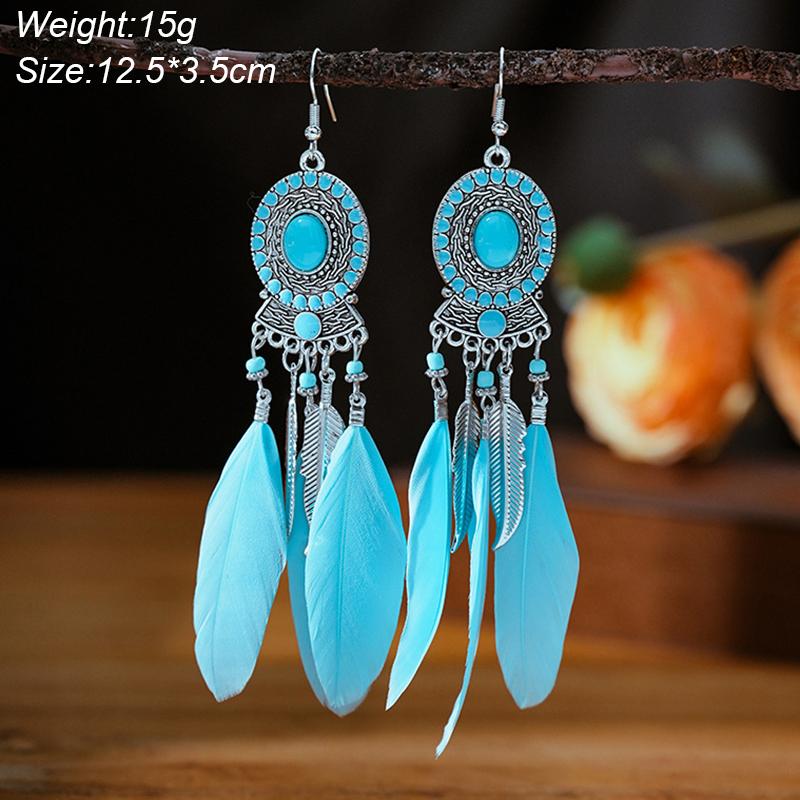 Blue Fashion Boho Temperament Water Drop Feather Earrings for Women Long Crystal Rhinestone Drop Oil Dangle Earring Jewelry