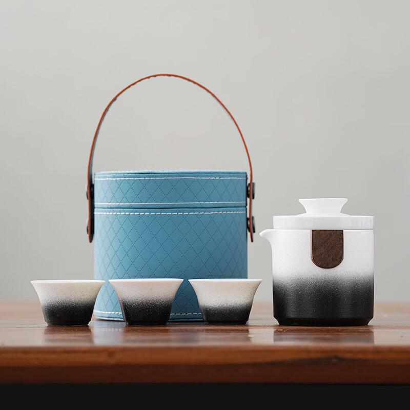 ZUIJIA Portable Travel Ceramic Tea Set Blue Cylinder Bag