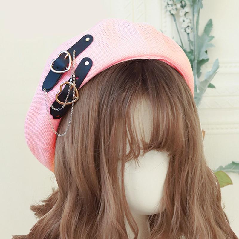 Lolita Girls Heart Buckle Beanie JK Hat Sweet Cool Hair Accessories Fashion Beret Breathable Preppy Style Lolita Hat