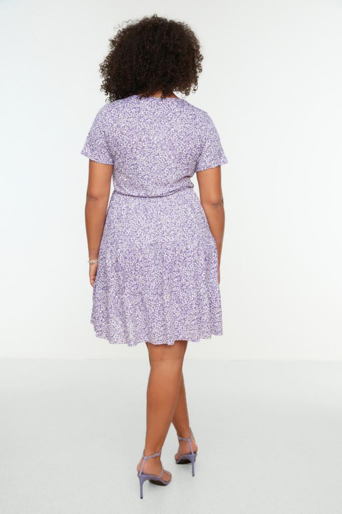 Damenmode Neues Plus-Big-Size-Kleid Grünes Strickkleid mit V-Ausschnitt und Blumenmuster