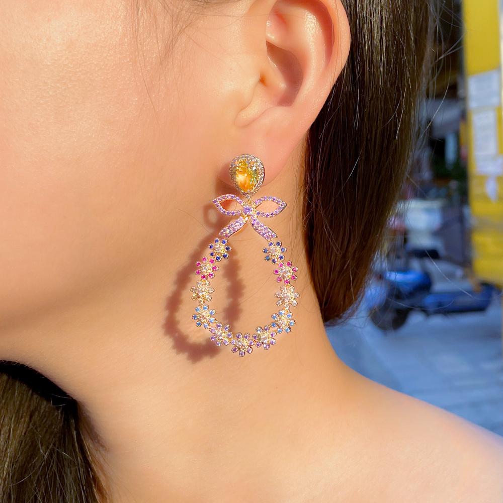 WWJ Graceful Gold Color Multicolor Cubic Zirconia Bowknot Flower Drop Earrings