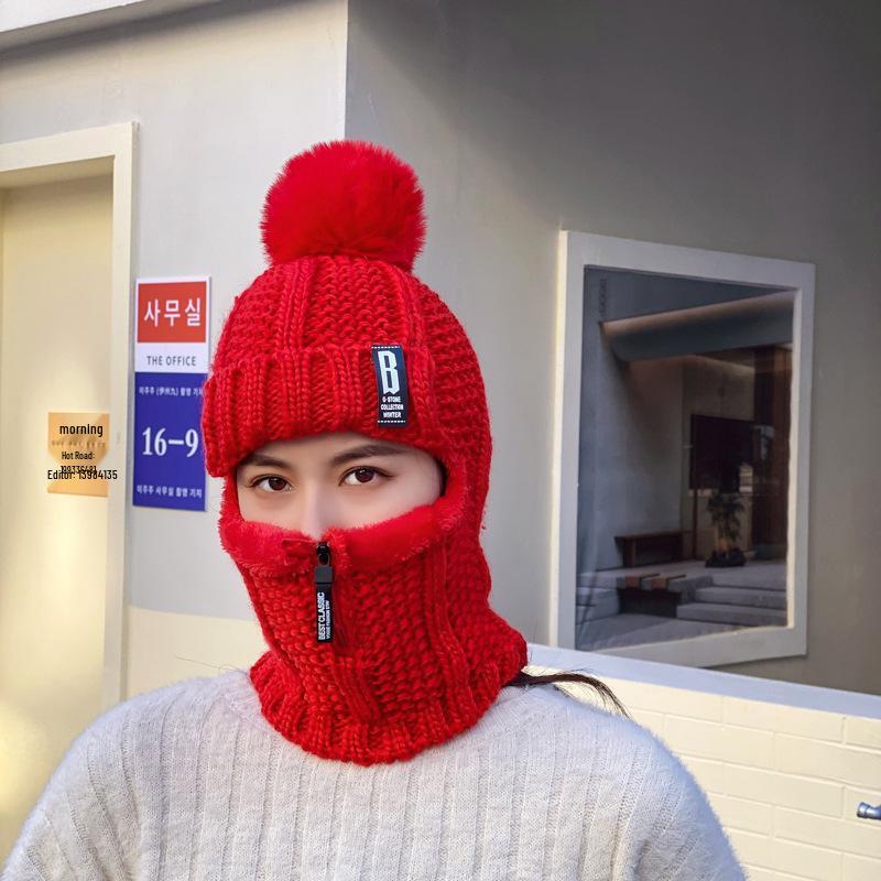 Women's Korean Style Velvet-Lined Knit Pullover Hat with Ear Protection and Zippered Neck Warmer for Winter Cycling