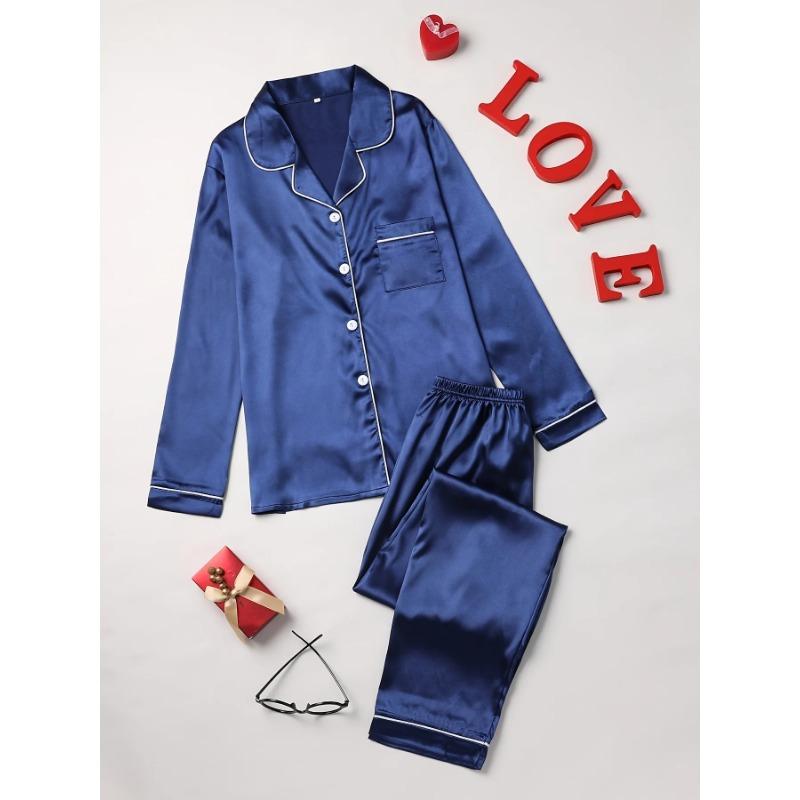 Pajama Set Long Sleeve Button Up Lapel Top & Pants Set Women's Sleepwear & Loungewear