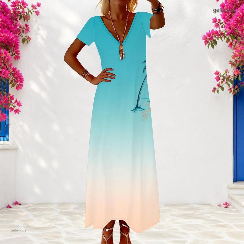 Women Plus Size V Neck Short Sleeve Printed Gradient Maxi Dress