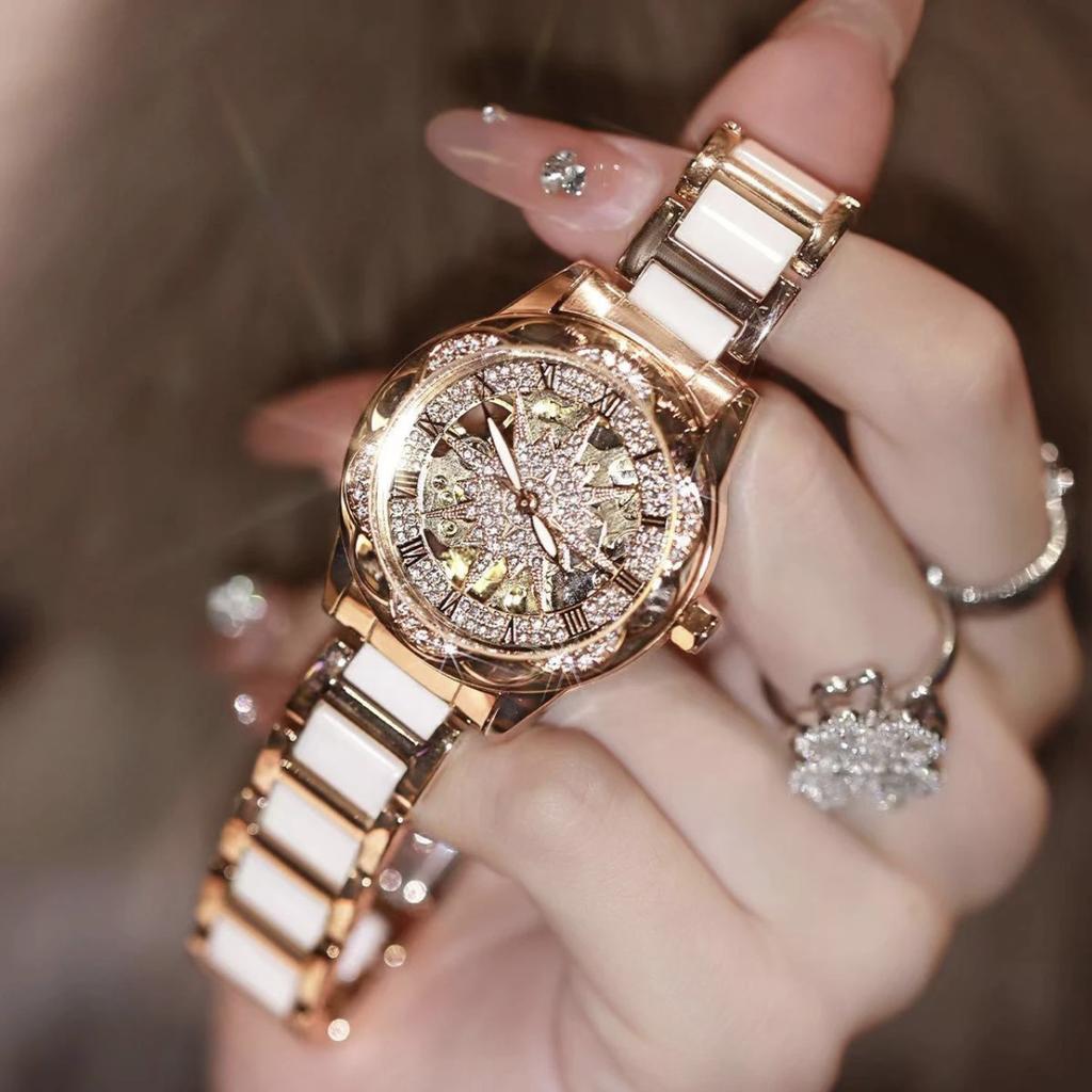 Rhinestone Sunflower Mechanical Watch for Women Stainless Steel Wristwatch