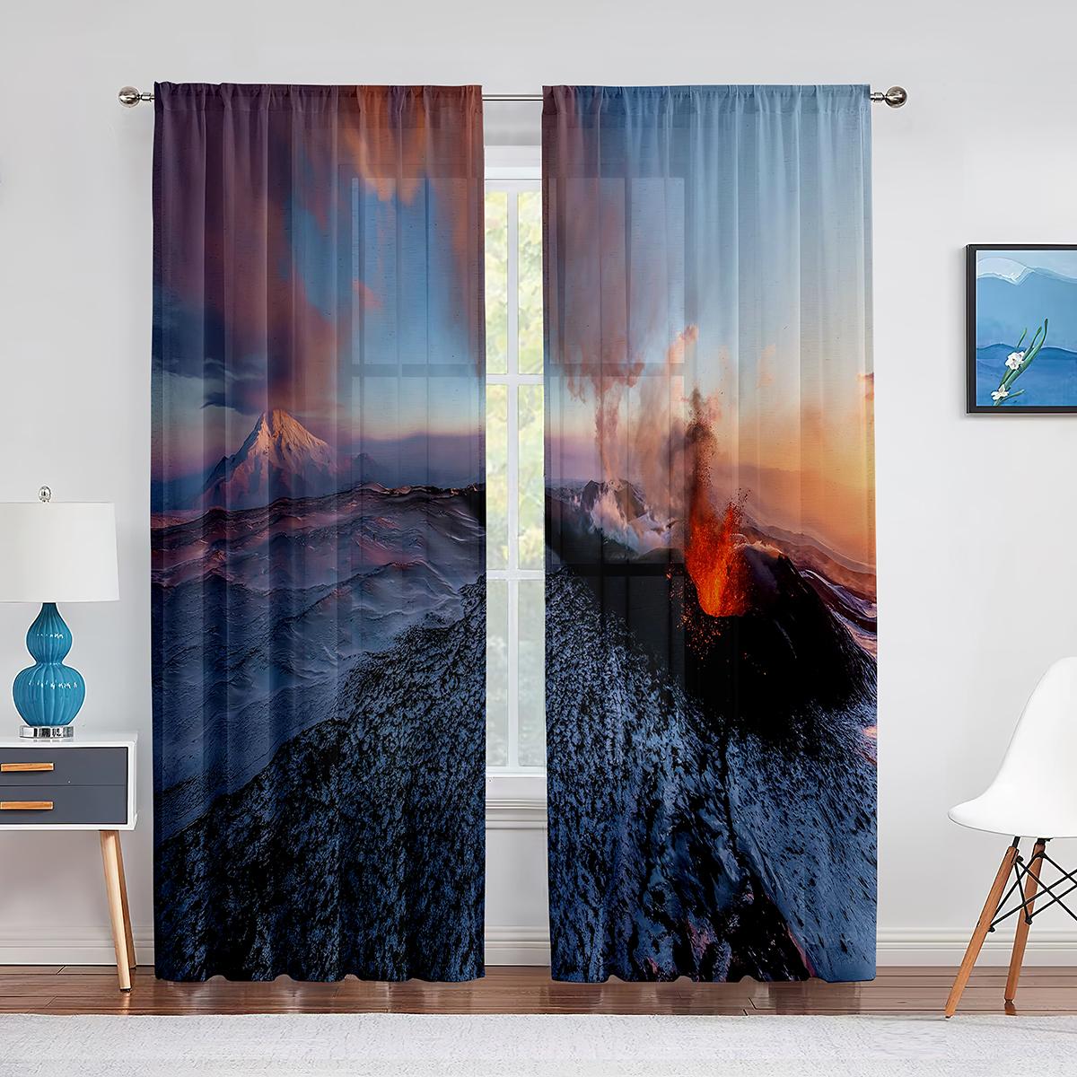 

Вулкан, взрывающийся ночью, природа, прозрачная вуаль, шторы для гостиной, шифоновая тюль, оконная занавеска, домашний декор, шторы 1 PCS W100XH250cm&Grommet Top