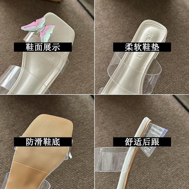 Fairy Wind Transparent Crystal Thick Heel Outer Slippers 2025 Summer New Bow Square Toe One-word Sandals