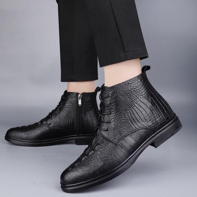 Marca Patrón Cocodrilo Zapatos Casuales de Hombre Lujo Hombre Negro Botas de Cuero de Caña Alta Moda Clásico Botas de Caña Alta con Cordones para Hombre