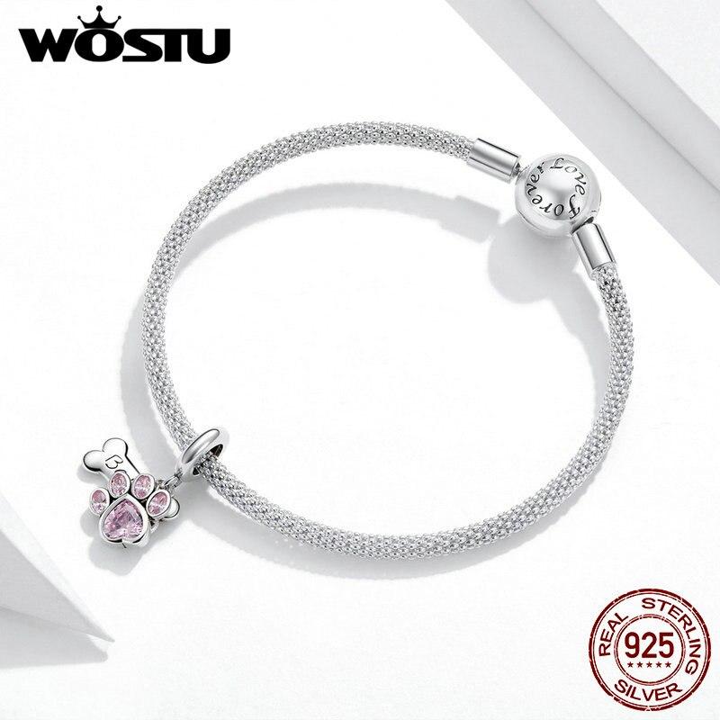 WOSTU Skutečné 925 Sterling Silver Pes Paw Stopa Korálek Růžový Zirkon Bone Charm Fit Originální náramek s přívěskem Šperky