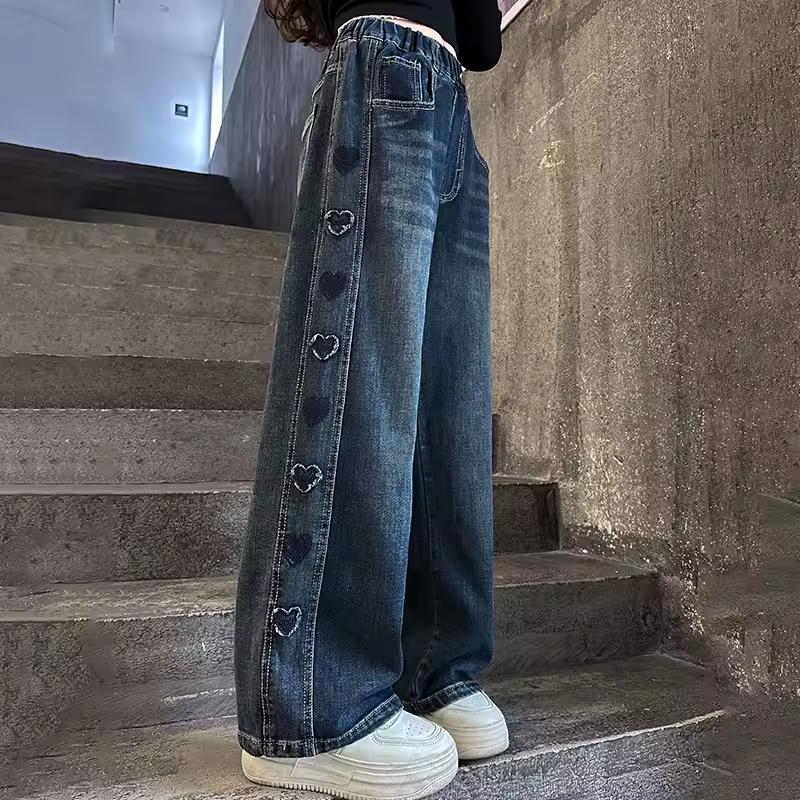 

Autumn Teenager Girl Heart Jeans Fashion Retro Wide Leg Straight Denim Pants For Children Casual Streetwear Jeans Trousers 120 синій