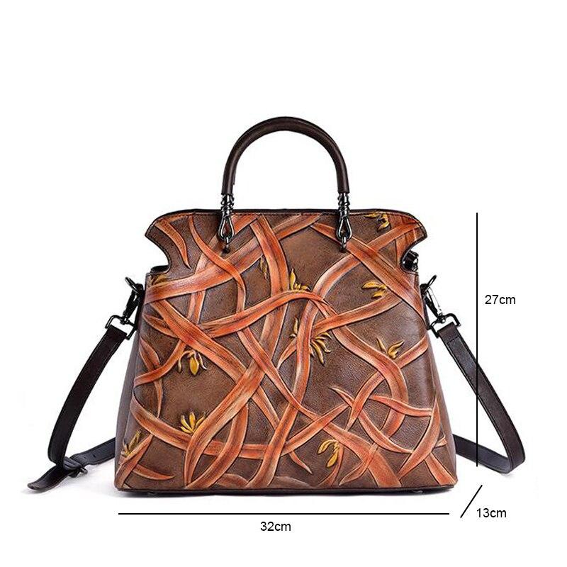 Johnature Luksus håndveske Damevesker Designer Retro Cow Leather Bag Håndlaget preget dame skuldervesker