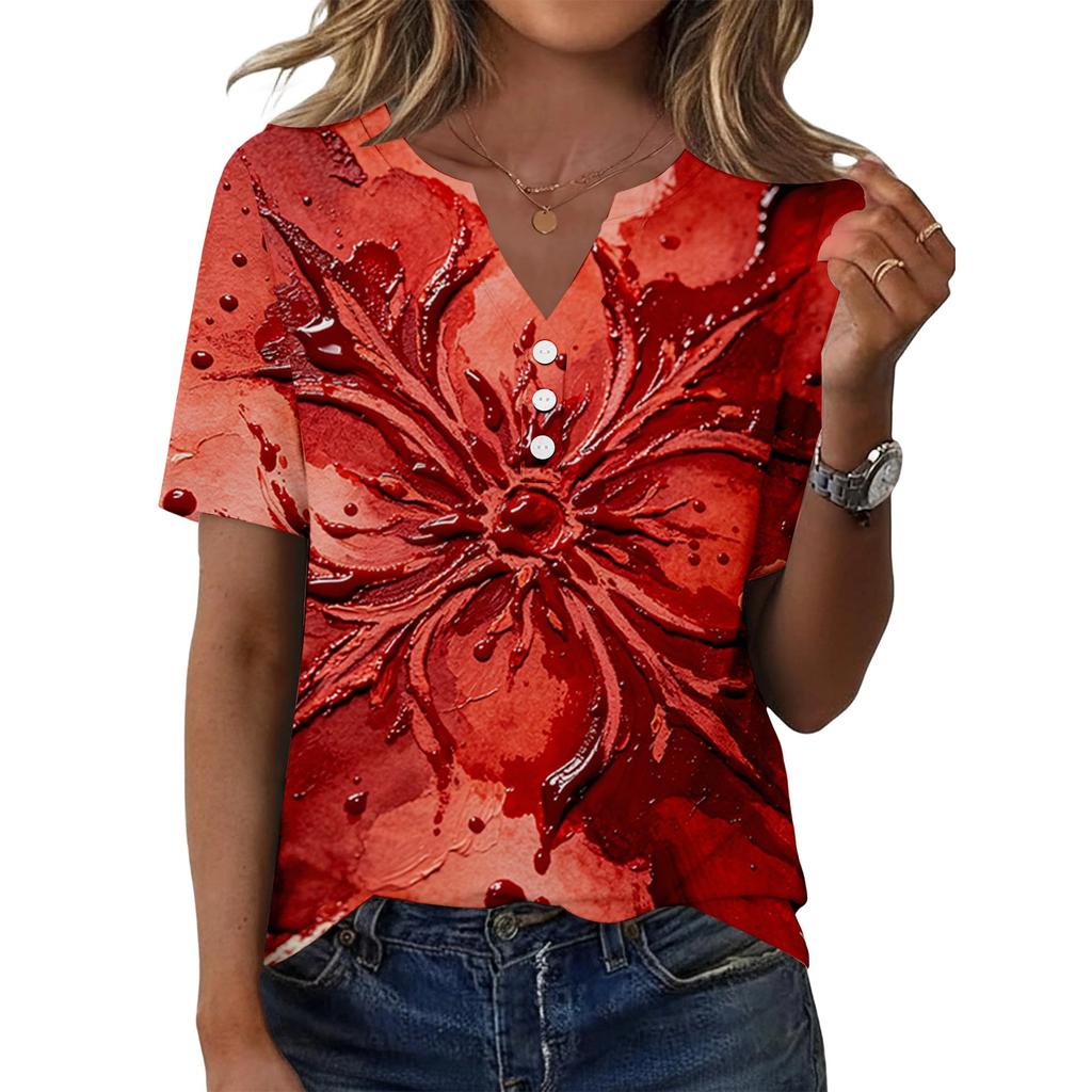 Women's Casual Short Sleeve V Neck Henley Shirt Button Front Halloween Print Lightweight Top for Everyday Wear
