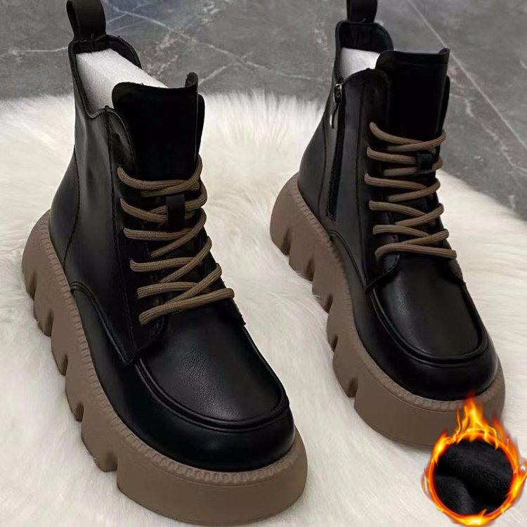 Women's Autumn Winter Retro Versatile Short Boots British Style Thick Sole Elevated Small Short Boots Vulcanized Sole