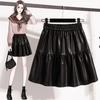 Fluffy Autumn 2025 Women's PU Leather High-Waisted A-Line Pleated Midi Skirt