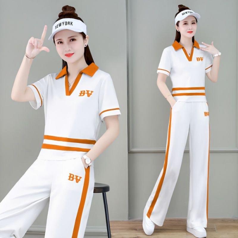 Casual Short-sleeved Sportswear Women's Summer Fashion Thin Wide-leg Pants Two-piece Professional Suit