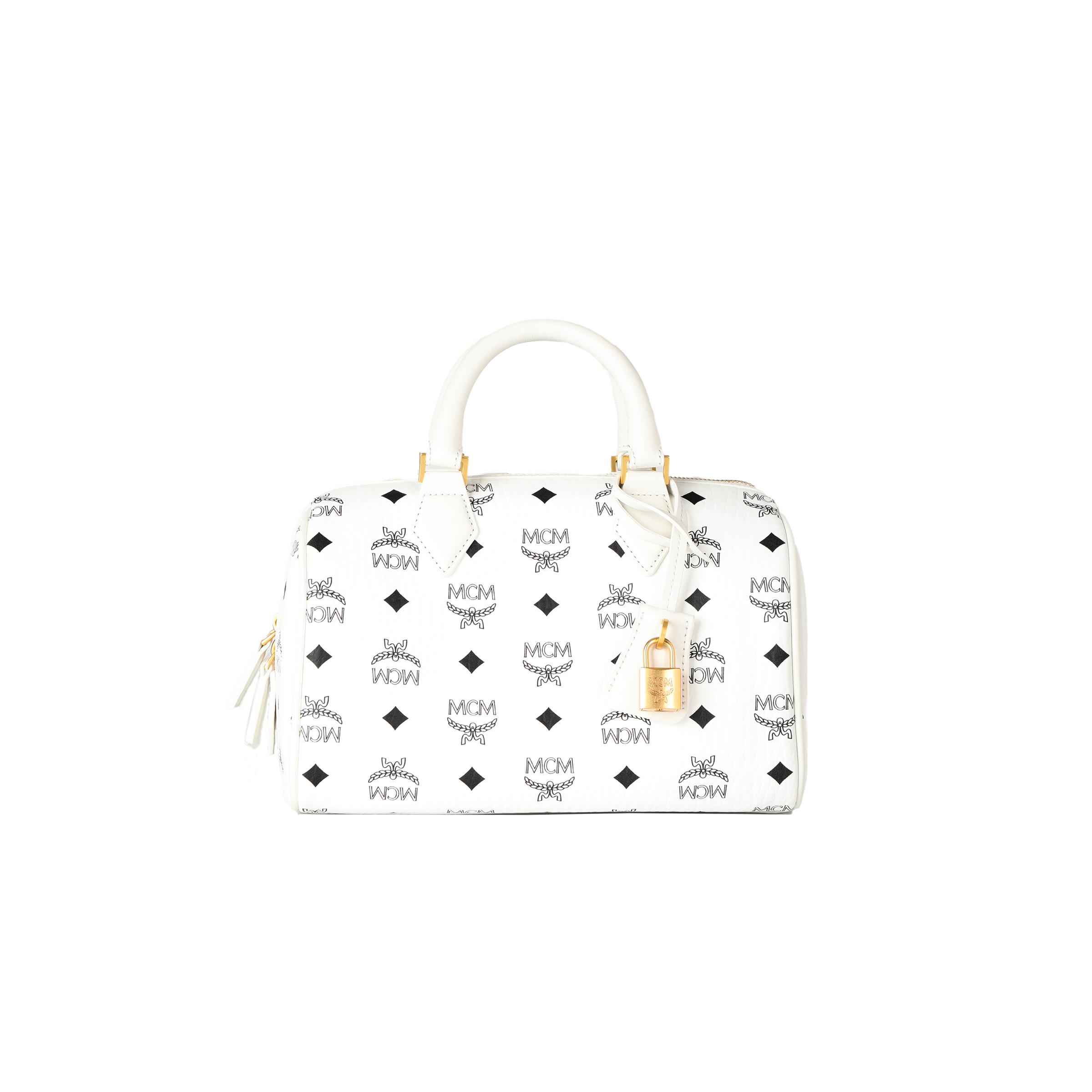 

MCM Ella Monogrammed Gold Lock Pendant Zipper Closure Canvas And Leather Boston Bag Crossbody Bag Handbag Small Women bags White MWBESEA02WT001 Basic Set (Bag+Dust Bag)