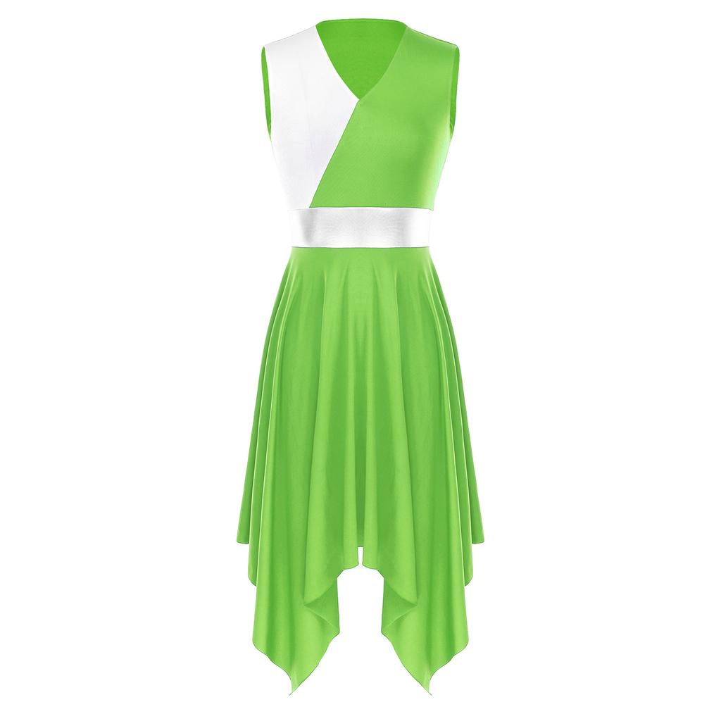 Womens Party Dance Dress V Neck Sleeveless Color Block Patchwork Irregular Hem Performance Outfit