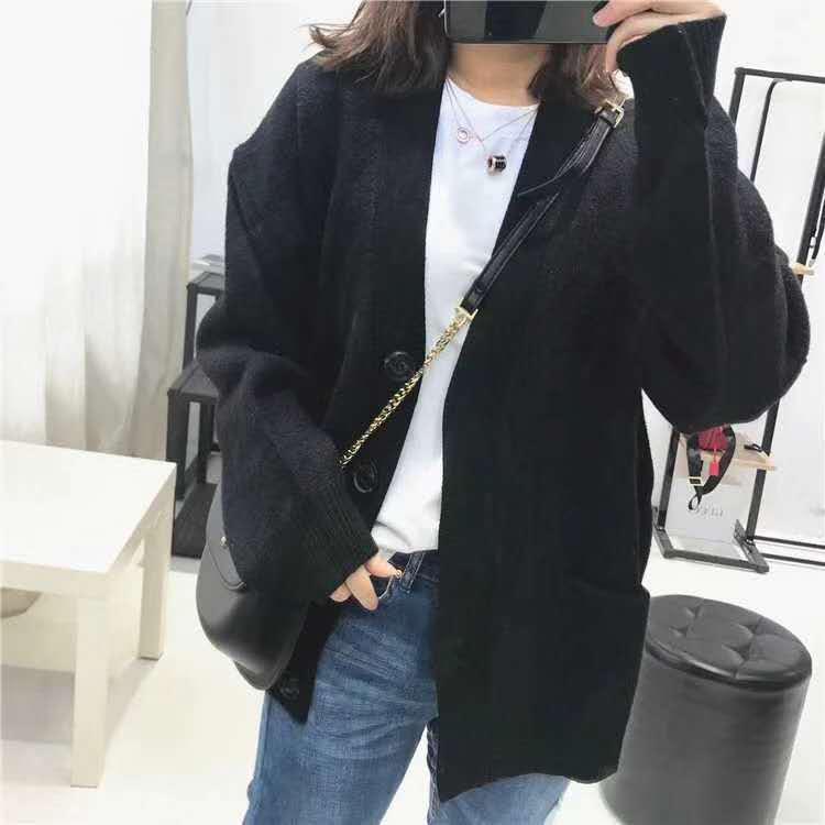 2025 Korean Style Women's V-Neck Knitted Cardigan: Loose-Fit, Solid Color, Single-Breasted with Pockets