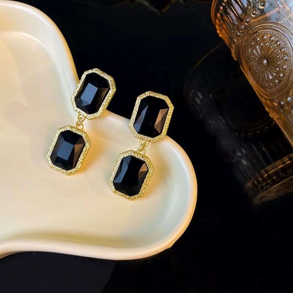 Square Circular Black Geometric Necklace Copper Dark Style Neck Chain Retro Black Earrings  Lady