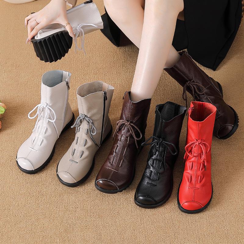 Women's Genuine Leather Snow Boots With Zipper Non-Slip Winter Warm Ankle Booties With Faux Fur Lined Comfortable Walking Short Boot Shoes for Women