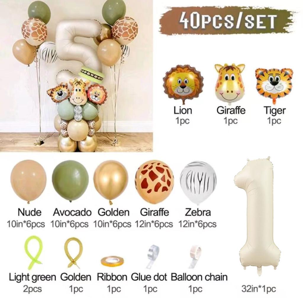40pcs Jungle Retro Animal Balloon Set Lion Giraffe Balloon 1-9 Birthday Decoration Anniversary Jungle Theme Party Decoration